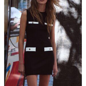 Zara Black White Contrast Knit Gold Button Sleeveless Mini Dress